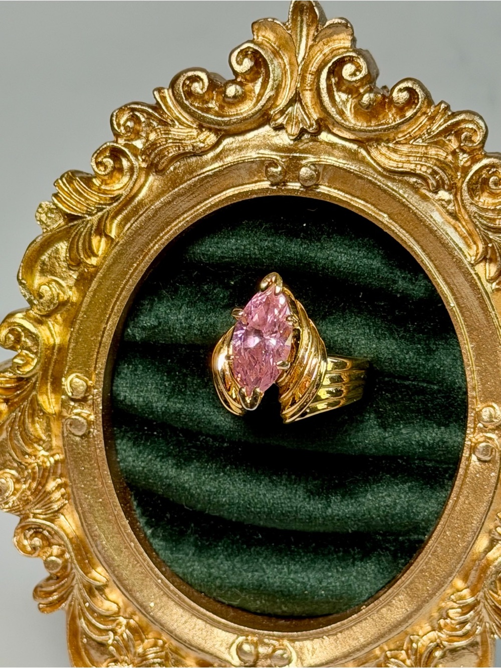 Vintage Gold Tone Statement Ring Pink Marquis Stone Size 7